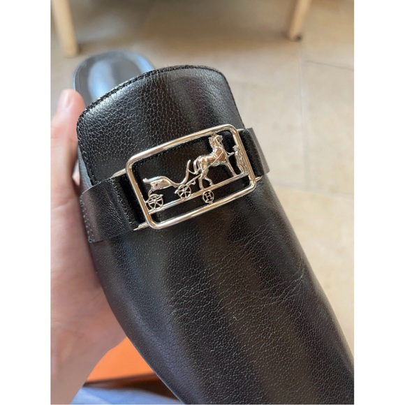 🆕HERMES Mules Flats Black Goatskin Leather Silver-Tone HW Buckle • EU 36.5 • NIB - Picture 3 of 7